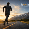 Athlete running on a road during sunrise Long-distance runner wearing lightweight sportswear Benefits of jogging infographic Runner training outdoors in performance apparel Endurance athlete on a scenic running route