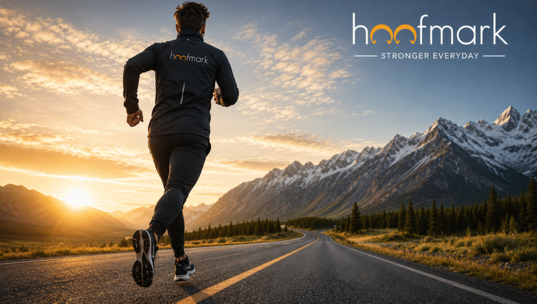 Athlete running on a road during sunrise Long-distance runner wearing lightweight sportswear Benefits of jogging infographic Runner training outdoors in performance apparel Endurance athlete on a scenic running route