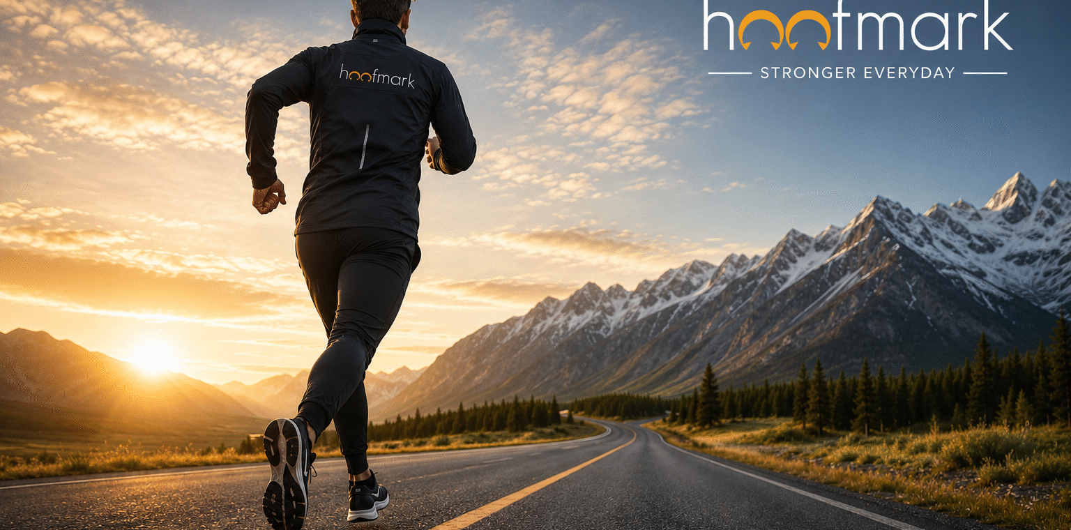 Athlete running on a road during sunrise Long-distance runner wearing lightweight sportswear Benefits of jogging infographic Runner training outdoors in performance apparel Endurance athlete on a scenic running route